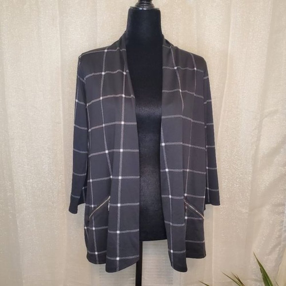 Carol Rose Lightweight Polyester Plaid Cardigan, Black & White, Large